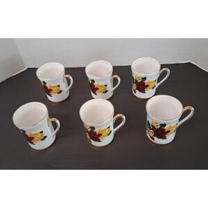 Society England Fine Bone China Floral Rose Mugs Set of 6 Gold Trim VTG 1960-80s